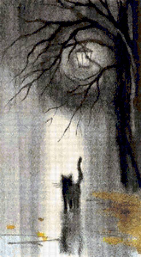 Одинокий кот - кот, листопад, фонарь, кошка, кошки, осень, дождь, животные - предпросмотр