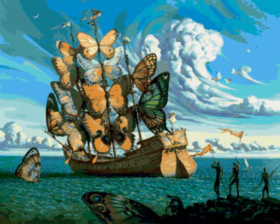 парусник - парусник, фэнтези, море, бабочки - предпросмотр