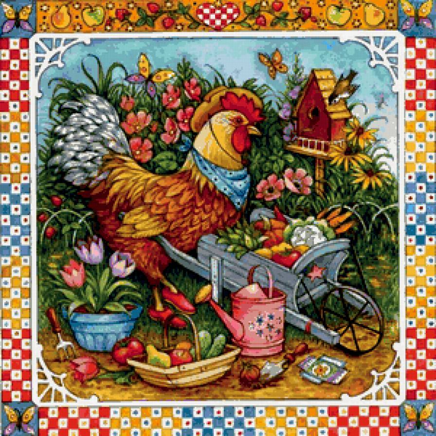 Подушка "Веселый дворик" - село, курочка, двор, цветы, бабочи - предпросмотр
