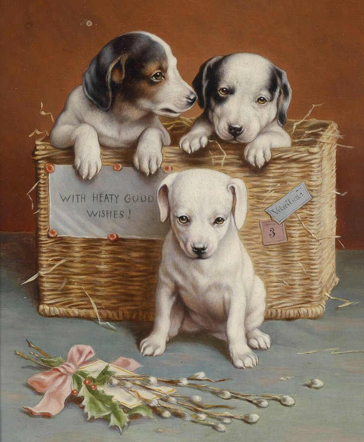 №256787 - щенки, корзина, картина - оригинал