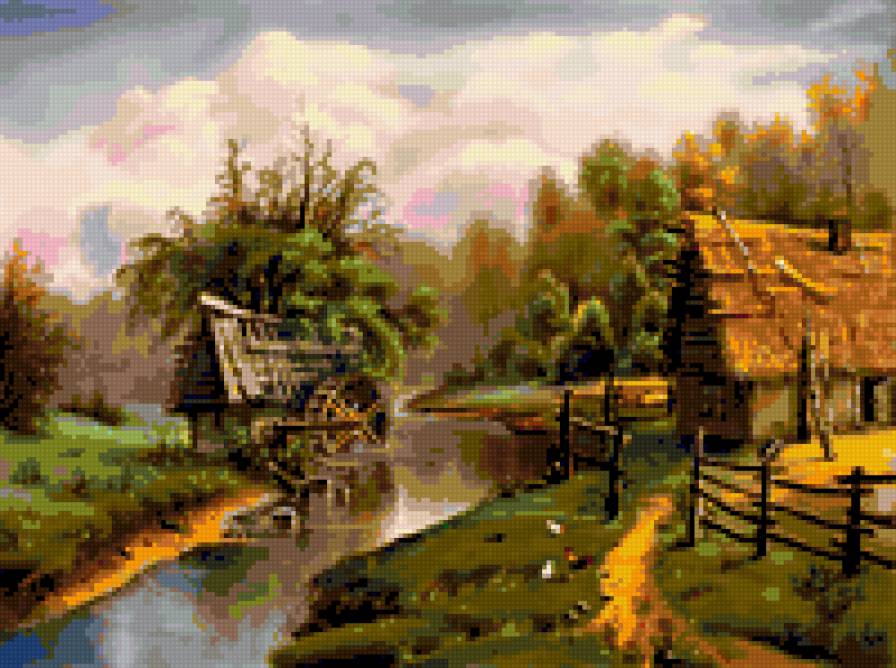 лето в деревне - картина пейзаж природа дом мельница - предпросмотр