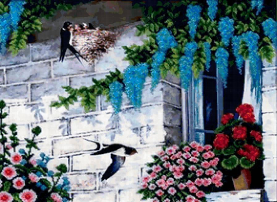 Ласточкино гнездо - птицы, цветы - предпросмотр