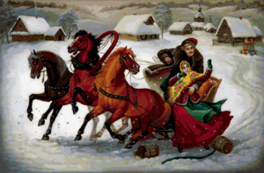 Русская тройка - лошади, люди, зима - предпросмотр