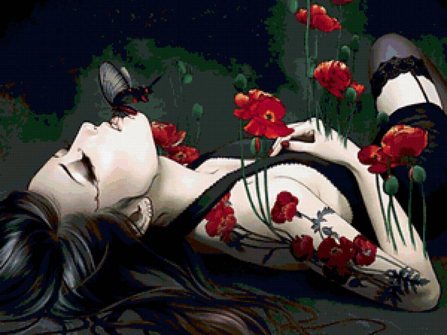 МИСС ОЧАРОВАНИЕ - бабочка, незнакомая, маки, женщина, бархатный вечер, неизвестная - предпросмотр