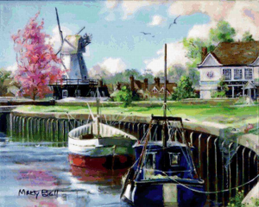 Серия "Пейзажи" - цветы, домик, пейзаж, мельница, река, корабли, дорога, лето - предпросмотр