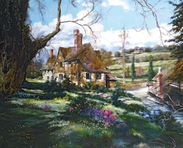 Серия "Пейзажи" - цветы, лето, домик, пейзаж, дорога - оригинал