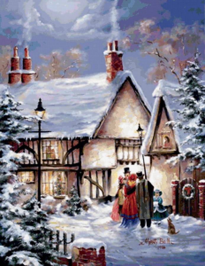 Серия "Пейзажи" - дорога, домик, люди, пейзаж, зима - предпросмотр