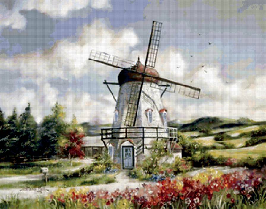 Серия "Пейзажи" - цветы, пейзаж, мельница, лес, лето - предпросмотр