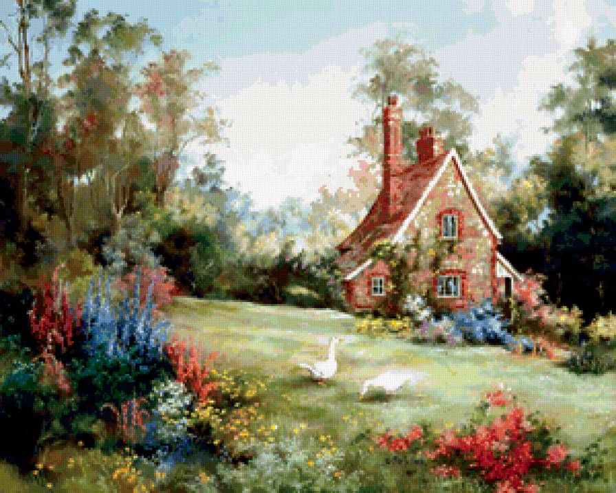 Серия "Пейзажи" - дорога, домик, лебеди, пейзаж, птицы, лето, цветы - предпросмотр