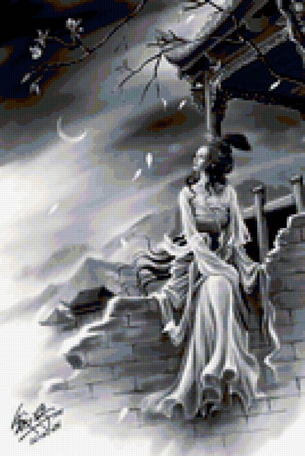 Леди Лунный свет - девушка, ночь, японка, дерево - предпросмотр