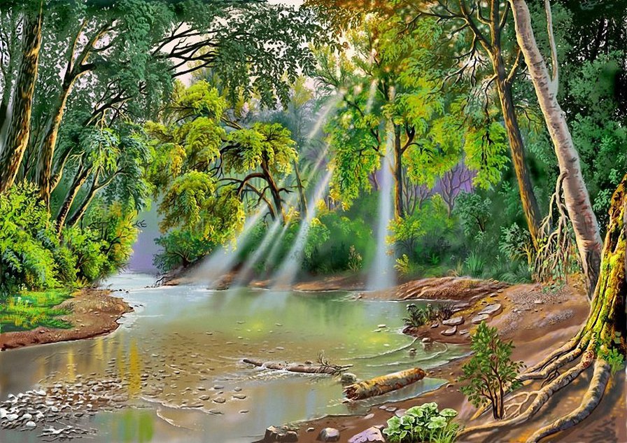 пейзаж - природа, пейзаж, ручей, лес, свет - оригинал