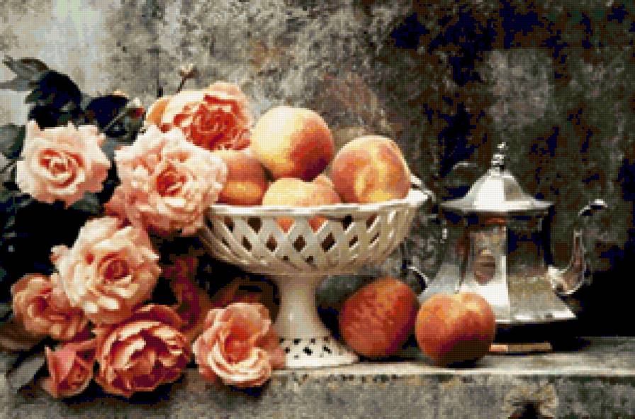 Натюрморт с персиками - розы, натюрморт, цветы, фрукты, персики - предпросмотр