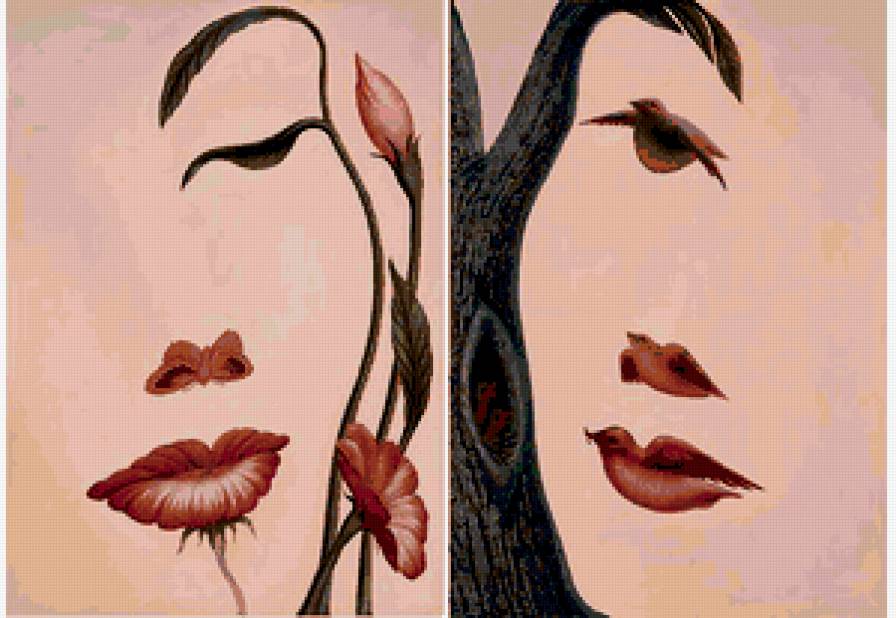 ПОЛИПТИХ "ЖЕНСКОЕ ЛИЦО" - дерево, цветы, птичка, гербера, бабочка, женщина, лицо женщины - предпросмотр