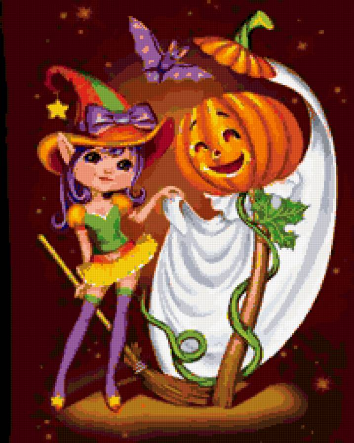 хеллоуин - тыква, ведьмочка, осень - предпросмотр