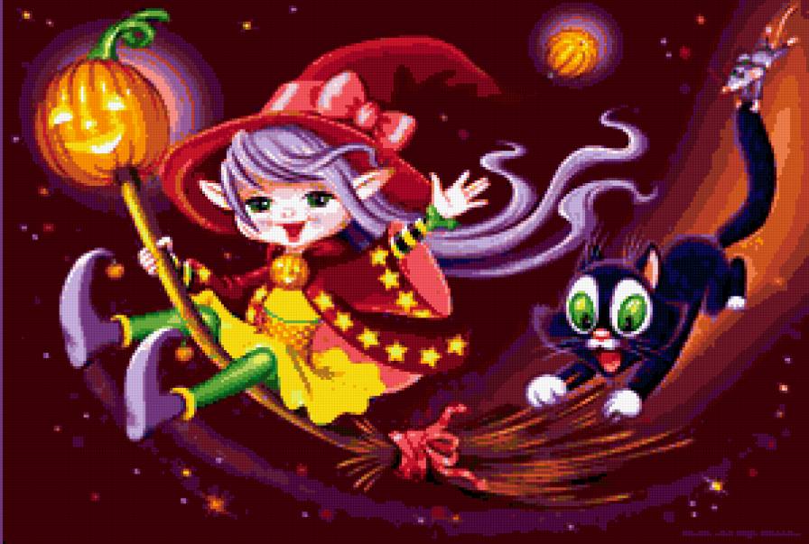 ведьмочка - тыква, мышка, осень, кошка, хеллоуин, метла - предпросмотр