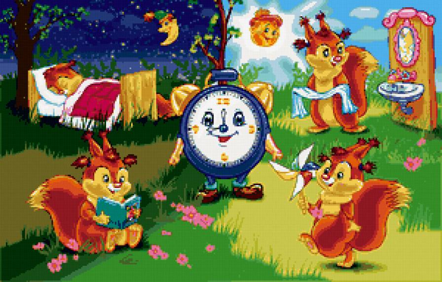 распорядок дня - детская, детям, обед, зверята, лес, часы, ночь, утро, день - предпросмотр