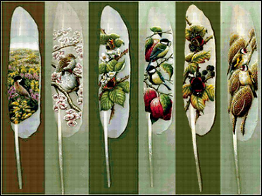 ПОЛИПТИХ " РОСПИСЬ ПЕРЬЕВ" - птички, времена года, диптих, роспись перьев, весна, триптих - предпросмотр