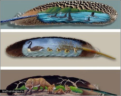 ТРИПТИХ " РОСПИСЬ ПЕРЬЕВ" - море, роспись перьев, природа, утки, лиса - оригинал