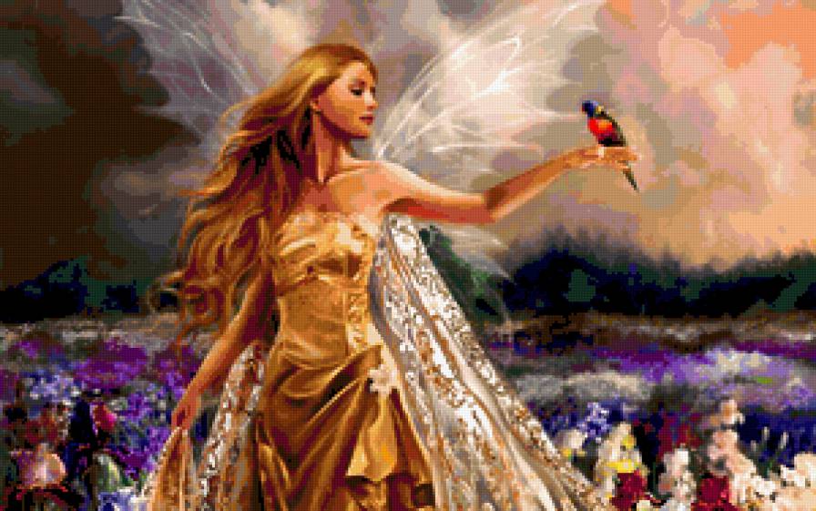 Фея природы - поле, цветы, фея, птица - предпросмотр