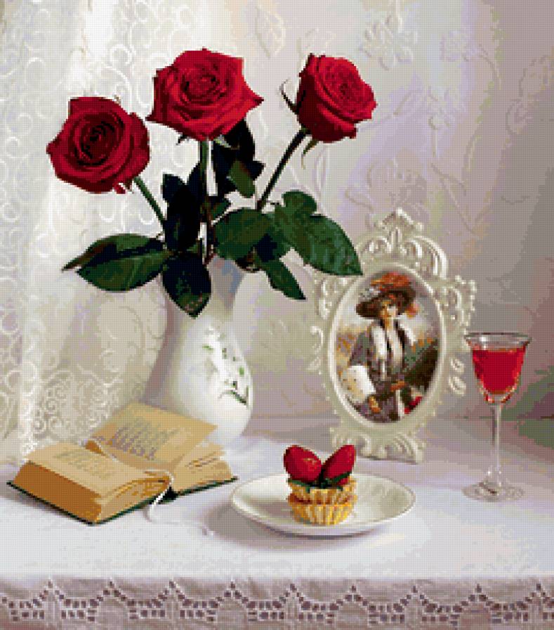 АЛЫЕ РОЗЫ - натюрморт, книга, розы, картина, цветы - предпросмотр