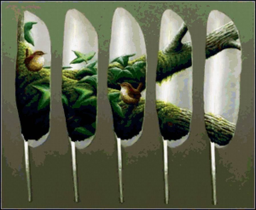 ПОЛИПТИХ " РОСПИСЬ ПЕРЬЕВ" - птички, перья, лес, дерево, на ветке, триптих, диптих - предпросмотр