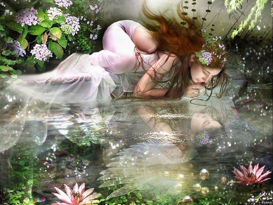отражение - фея, фэнтези, девушка, картина - оригинал