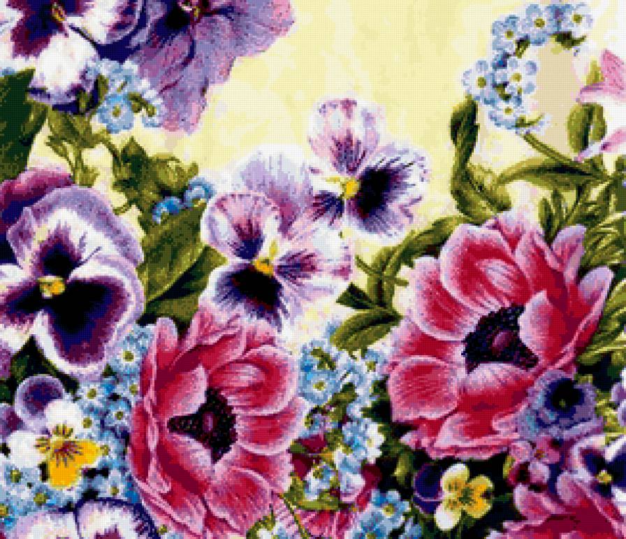 Цветочное панно - анемоны, подушка, незабудки, панно, цветы, анютины глазки, флора - предпросмотр