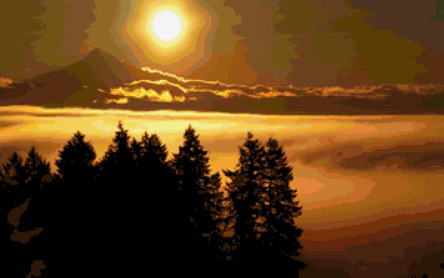 Лунная Ночь - деревя, ночь, горы, туман, пейзаж, луна - предпросмотр