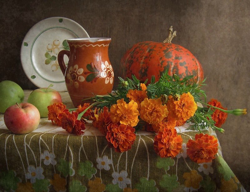 осенний натюрморт - картина натюрморт тыква уквшин чернобрывцы овощи - оригинал