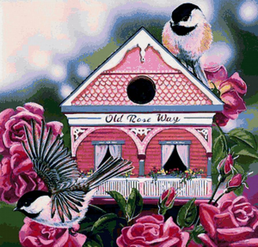 домик - птицы, цветы, розы, скворечник, птички - предпросмотр