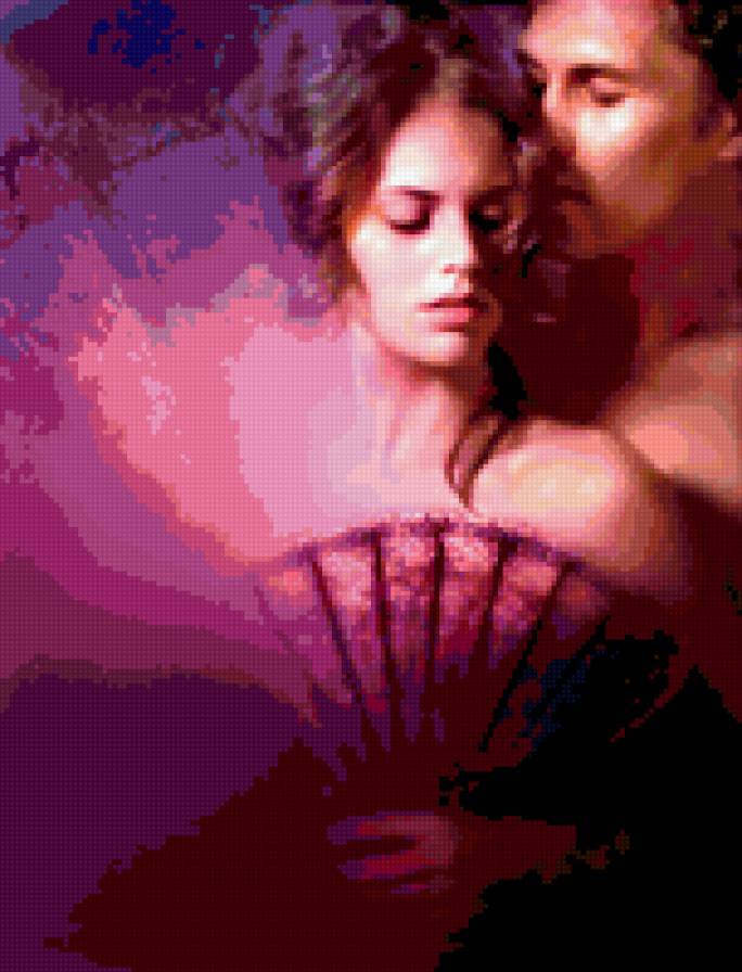 В сереневом тумане - пара, парень, веер, девушка, поцелуй - предпросмотр