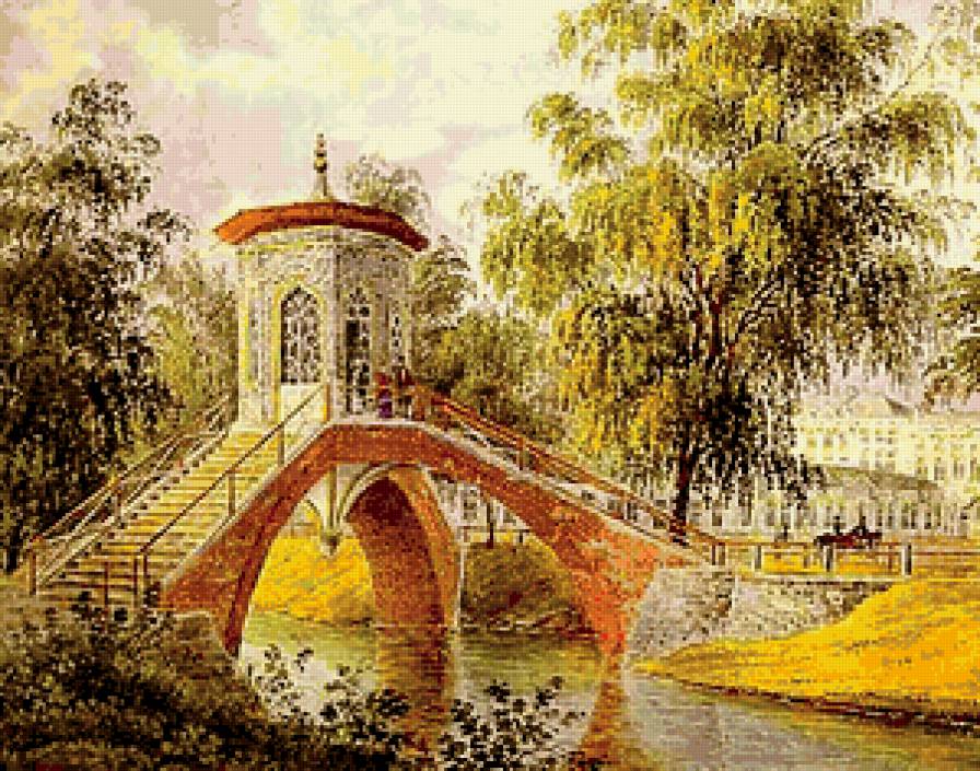 Пейзаж с мостиком - беседка, пейзаж, мостик, парк - предпросмотр