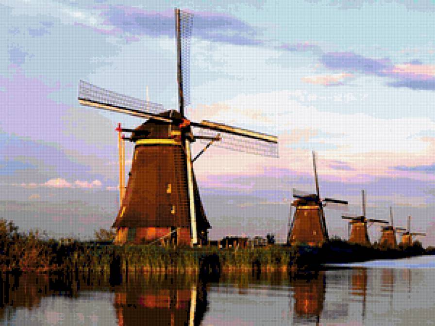 Мельницы у реки - домик, поле, мельница, трава, вода, река - предпросмотр