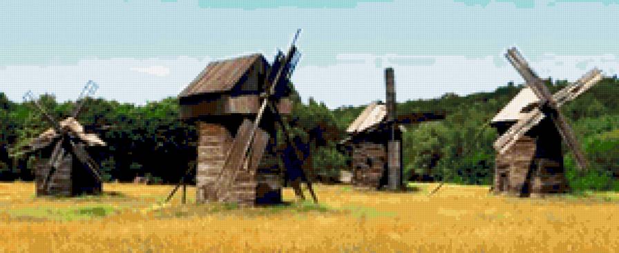 Мельницы на лугу - пейзаж, трава, мельница, поляна, деревья - предпросмотр