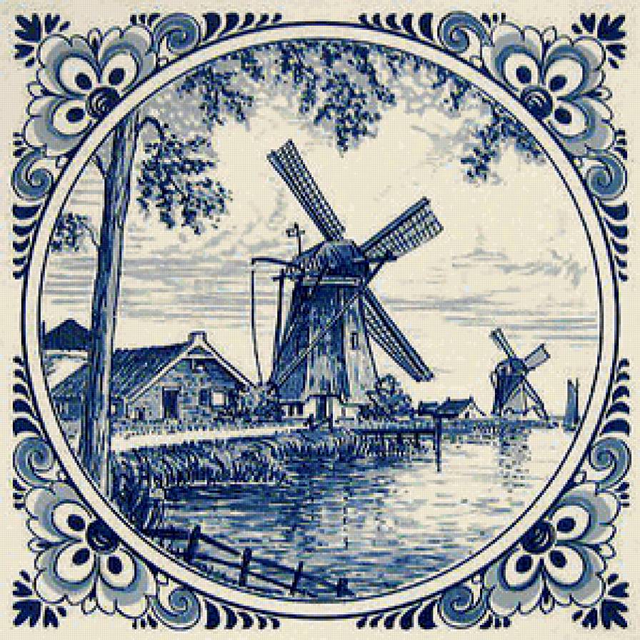 Мельница в голубом - река, дорога, трава, поле, мельница, вода, картина - предпросмотр