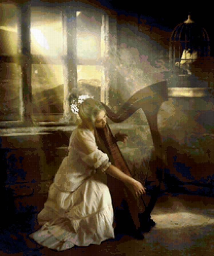 девушка - девушка, музыка, окно, арфа - предпросмотр