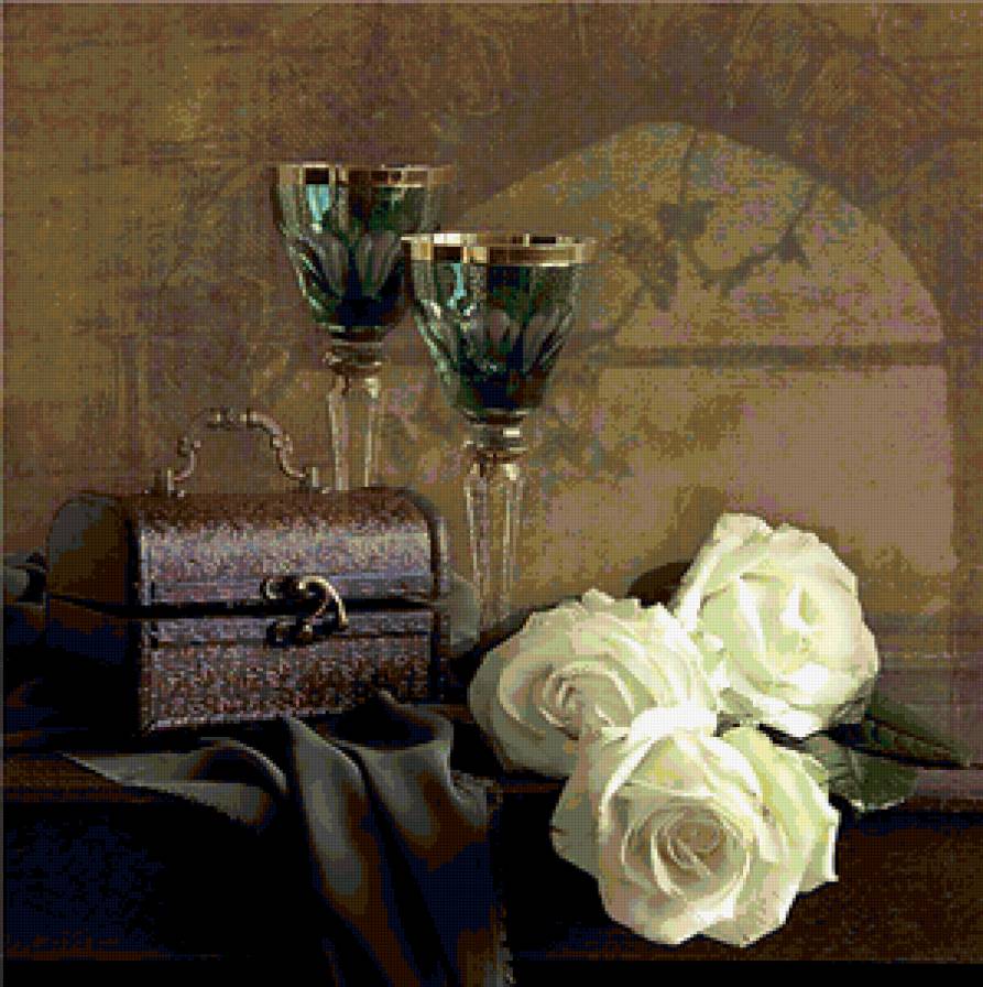 натюрморт - шкатулка, букет, натюрморт, бокалы, розы - предпросмотр