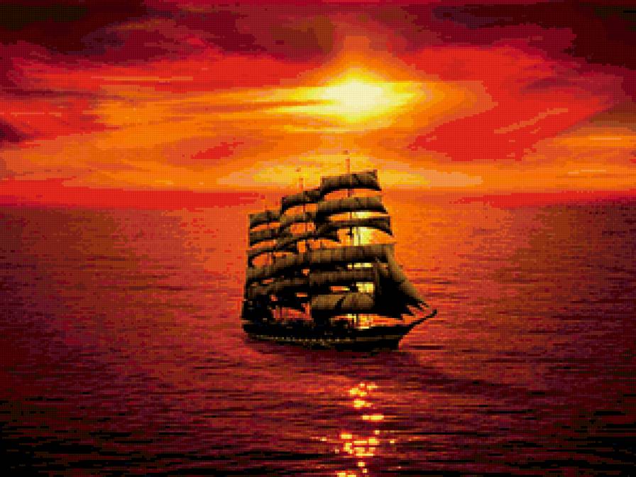 Корабль на закате - корабль, закат, море - предпросмотр