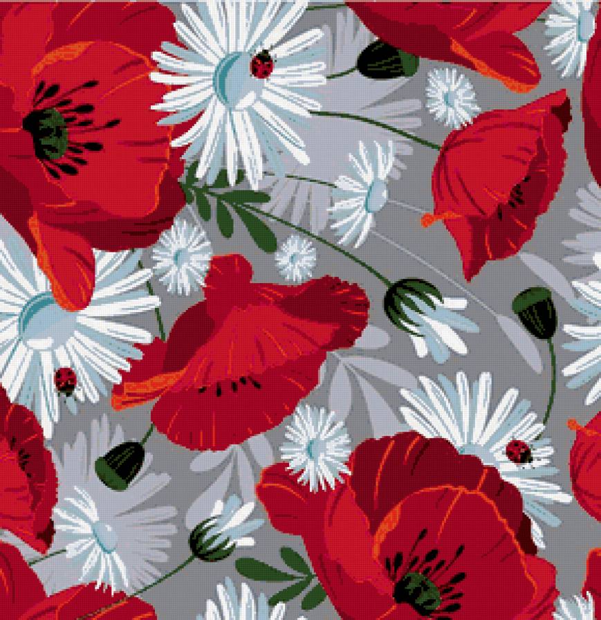 Подушка "МАКИ РОМАШКИ" - ромашки, маки, букет, цветы - предпросмотр