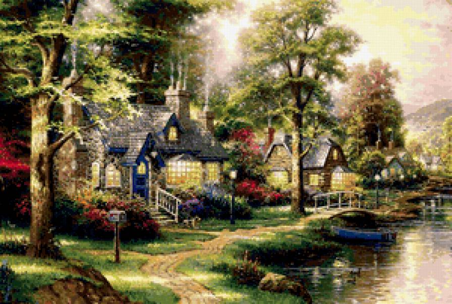 Домики у речки - мостик, лето, пейзаж, речка, домики, цветы - предпросмотр