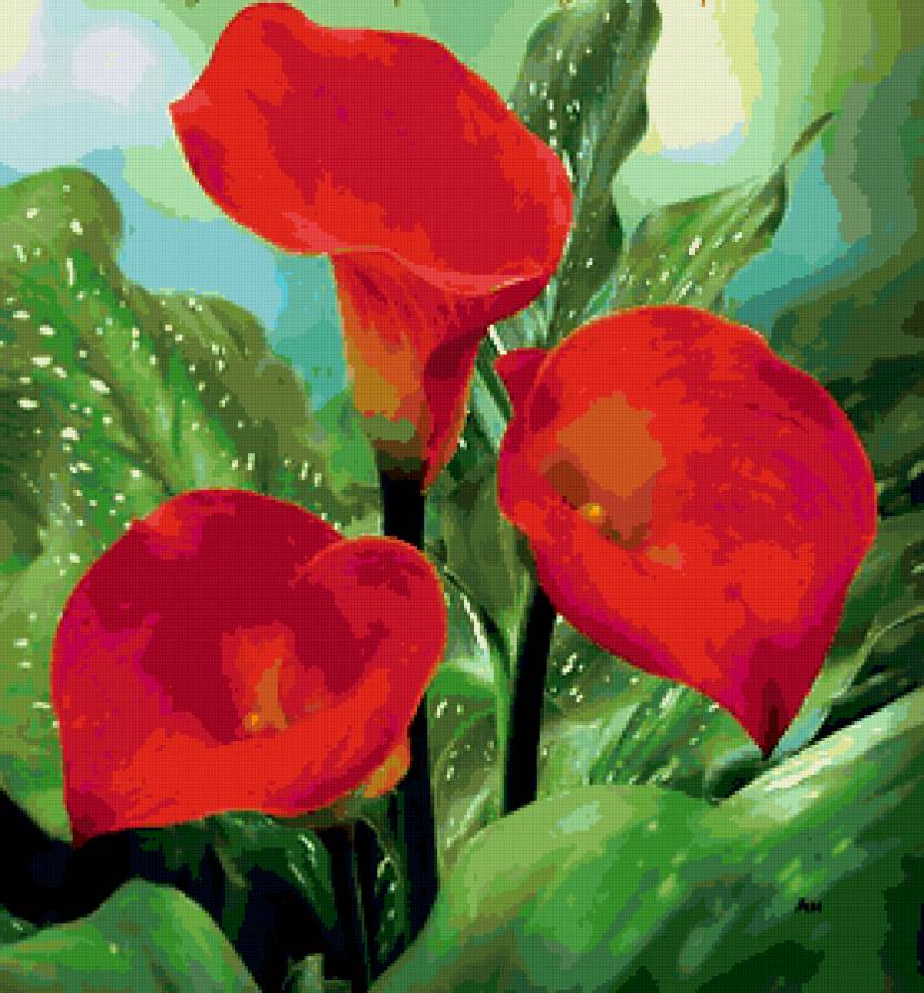 Подушка "КРАСНЫЙ АНТУРИУМ" - весенние цветы, на подушку, цветы, букет, калла, картина - предпросмотр