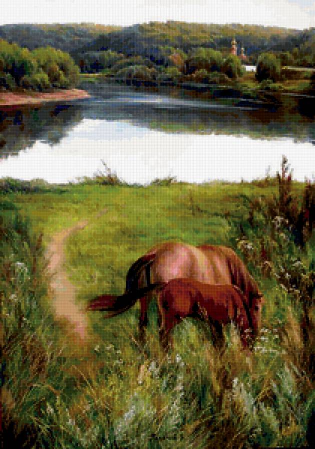 Родные просторы - лето, озеро, животные, пейзаж, лошади, кони - предпросмотр