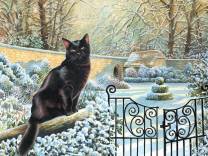 на прогулке - зима, кошка, кот, прогулка, калитка, парк - оригинал