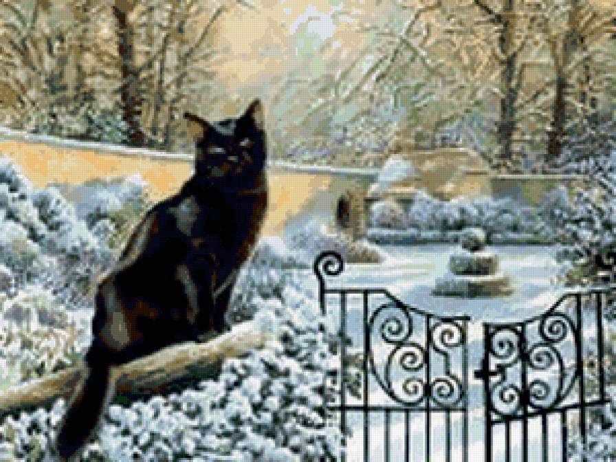 на прогулке - кот, калитка, зима, кошка, парк, прогулка - предпросмотр