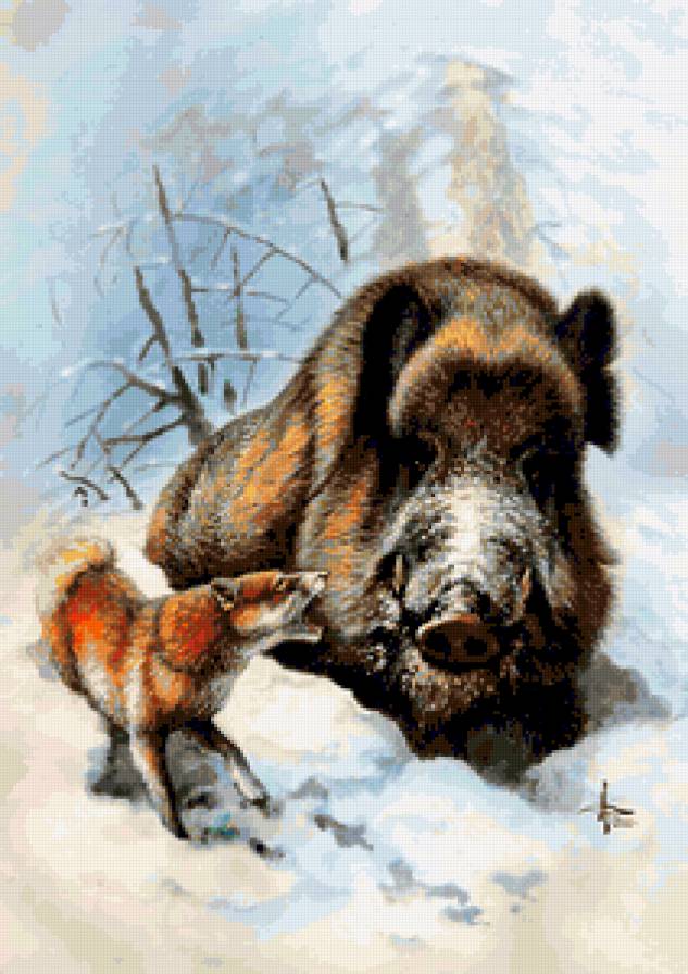 Охота - зима, пейзаж, животные, собаки, кабаны - предпросмотр