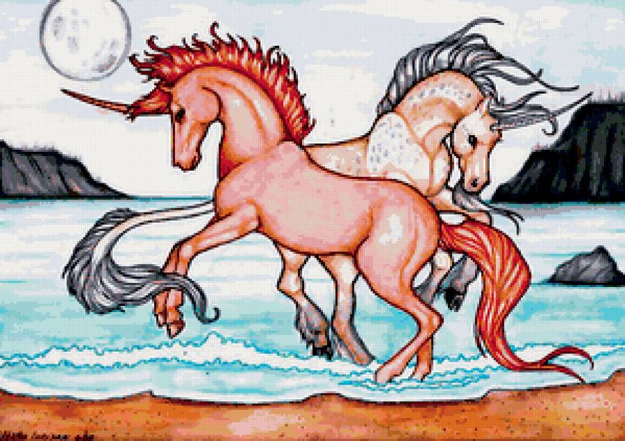 единороги - фентези, сказка, рисунок, море, единорог, лошадь, мифология, миф - предпросмотр