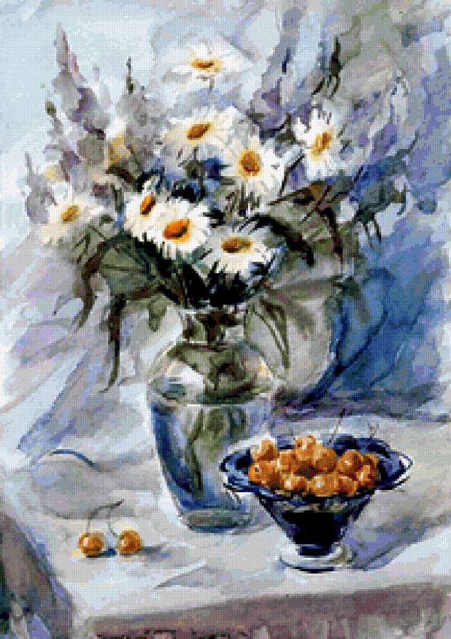 Натюрморт Хорошиловой - цветы, натюрморт, живопись, ромашки - предпросмотр