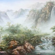 Схема вышивки «Пейзаж, лес, река, горы»