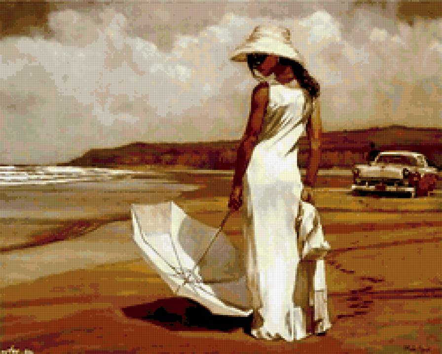 на берегу - море, девушка - предпросмотр