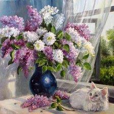 Схема вышивки «Сирень и котенок»